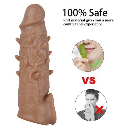 Silicone Penis Sleeve Extender Cock Enlarger Testicle Restraint Male Realistic Reusable Condom Prolonged Ejaculation Delayed Ring Sheath Sex Toys for Men