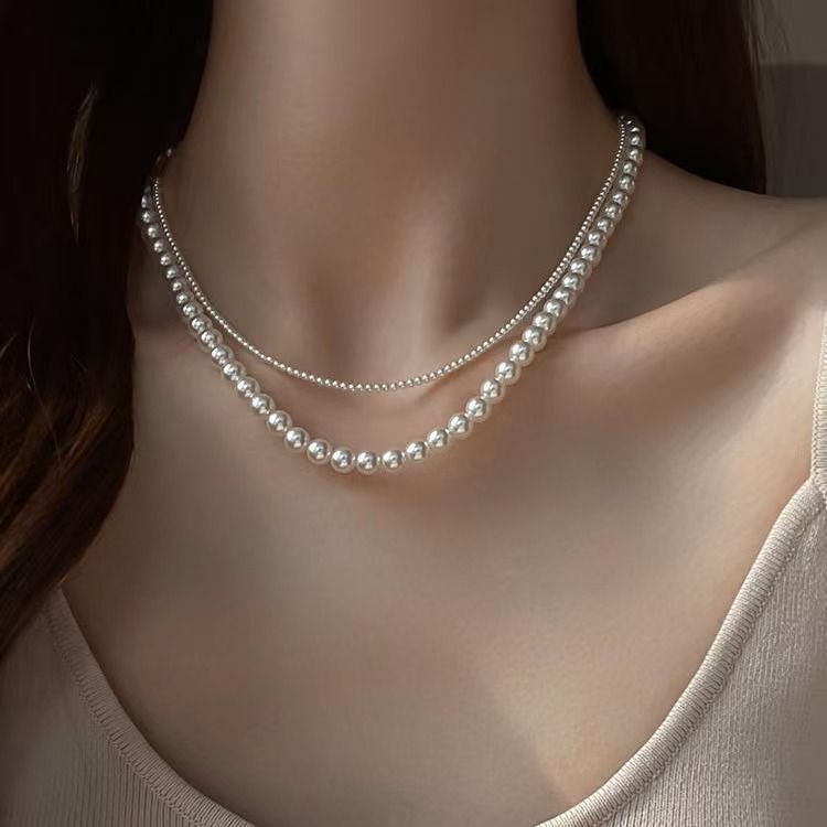 New French temperament geometric pearl double-layer necklace fashionable simple high-end clavicle chain fashionable versatile necklace