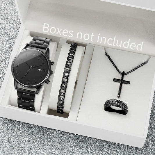 4PCS Men Business Watches Fashion Black Steel Band Male's Calendar Quartz Watch Relogio Masculino Jewelry Set