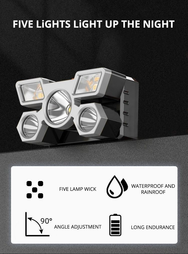 5 LED Strong Light Headlight USB Charging Waterproof Flashlight Multi-speed Adjustment Headlamp Suitable For Long Shot Outdoor Camping Hiking Fishing Hunting Mining Lamp Fishing Lanterns & Lights