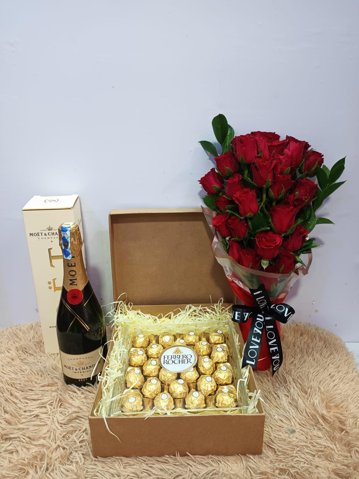 Bouquet of Red Roses, Ferroro Chocolates and Moet