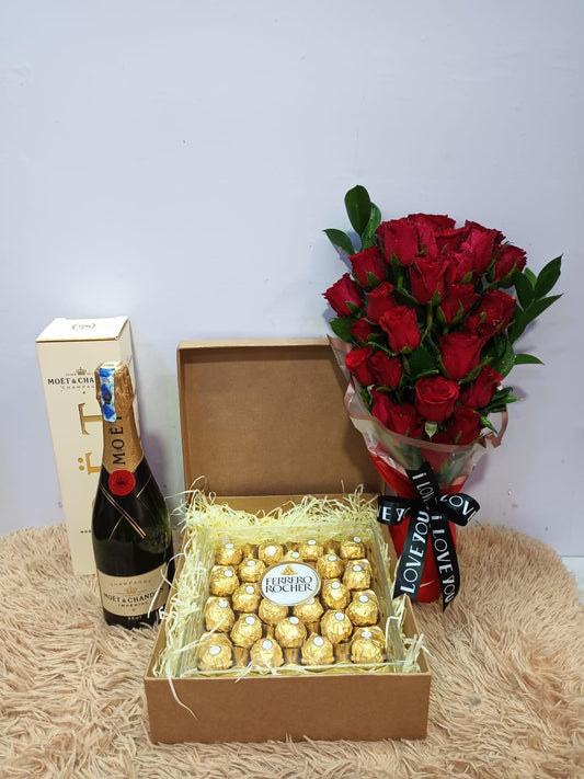 Bouquet of Red Roses, Ferroro Chocolates and Moet