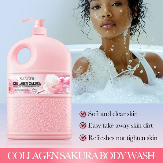SADOER 2000ml Family Size Body Wash Daily Use with Natural Cherry Blossom Fragrance Collagen for Deep Cleansing Lasting Aroma Gentle for All Skin Types