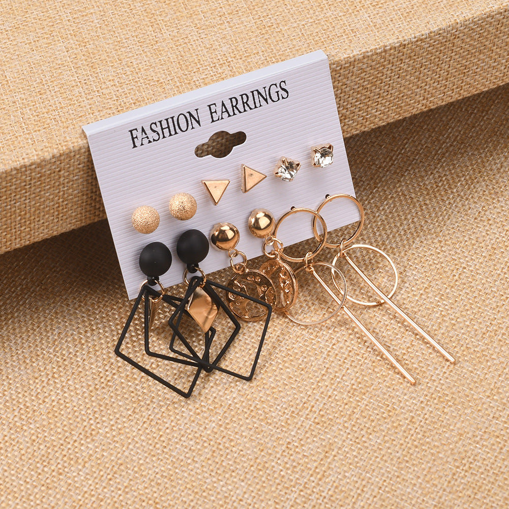 2022 new fashion beautiful 6pcs/set diamond earrings black punk exaggerated earrings pearl earrings golden triangle earrings hot selling gift for women