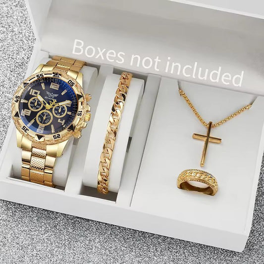 4PCS/Set Fashion Men's Watch Casual Gold Steel Band Analog Male Quartz Watches Jewelry Set