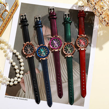 New Style Fashion Ladies Watch Female Rhinestone Seven Beads Simple Leather Belt Niche Student Party High-End Quartz Watch