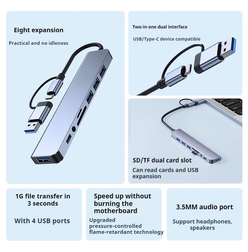 USB C Hub 8 In 1 Type C To Adapter SD/TF Card Reader PD Fast Charge 3.5 Audio Thunderbolt 3 USB Dock For MacBook Pro 8-in-1