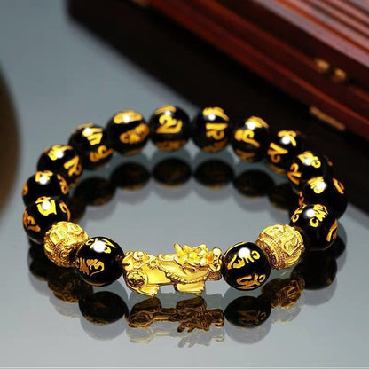 Feng Shui Obisidian Stone Beads Bracelet Men Women Wristband Gold Color Pixiu Black Six Character Proverbs Wealth and Good Luck