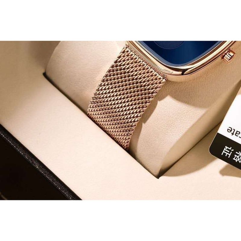 POEDEGER Design Women’s Luxury Blue Dial Rose-Gold Mesh Watch – Minimalist Square Case, Quartz Movement, Stainless-Steel Milanese Strap, Small Seconds Sub-Dial, Gift Box, Elegant Dress Wristwatch