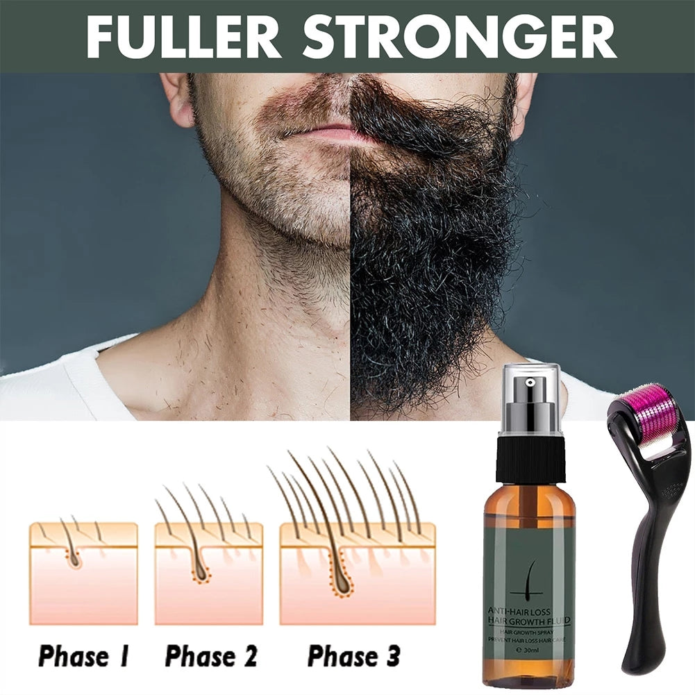 30ml Men Beard Growth Roller Set Beard Growth Kit Men's Beard Growth Essence Nourishing Enhancer Beard Oil Spray Beard Care