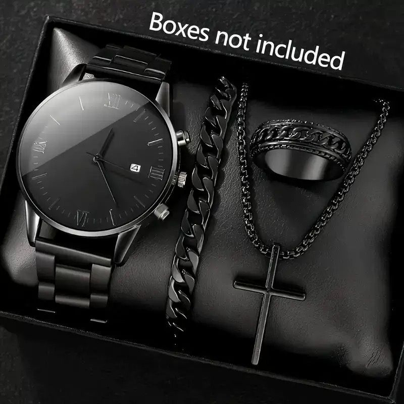 4PCS Men's Watch Set Black Men's Calendar Watch Titanium Steel Rings Bracelet Necklace Black Cross Necklace Set Not Easy to Fade Daily Wear Business Leisure