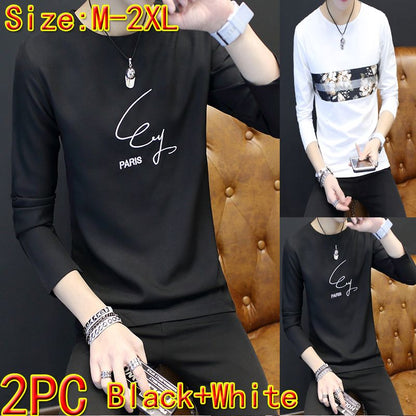 2PC Size M -2XL white+black men's short sleeve clothing boys casual round neck T-shirt youth tops students half sleeve slim clothes