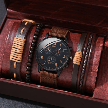 4 Pcs/ Set Men Watches Luxury Fashion Design Leather Watch Luxury Bracelet Set Fashion Business Casul Brown Leather Quartz Wrist Watches For Men Gift Set high quility best price on sale