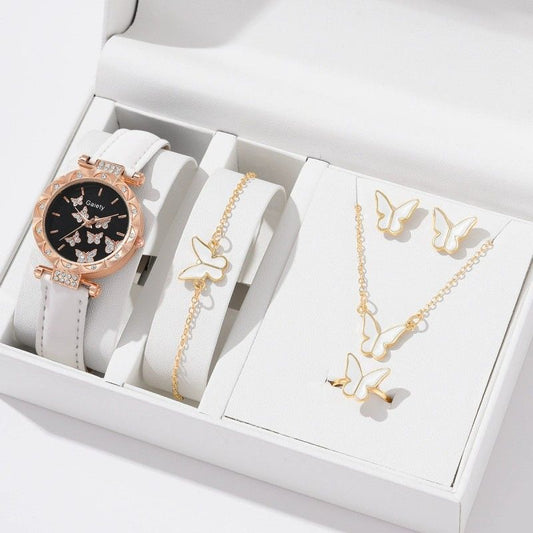5-Piece Women's Watch Bracelet Necklace Ring Earrings Set Fashion Personality Simple Watch Butterfly Quartz Leather Watch