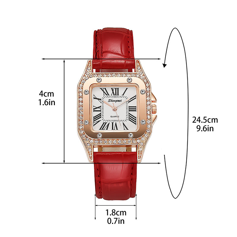 Women Diamond Watch Starry Square Dial Bracelet Watches Set Ladies Leather Band Quartz Wristwatch Female Clock Jewelry Gifts With Rhinestone Valentines Gift Couple Watches