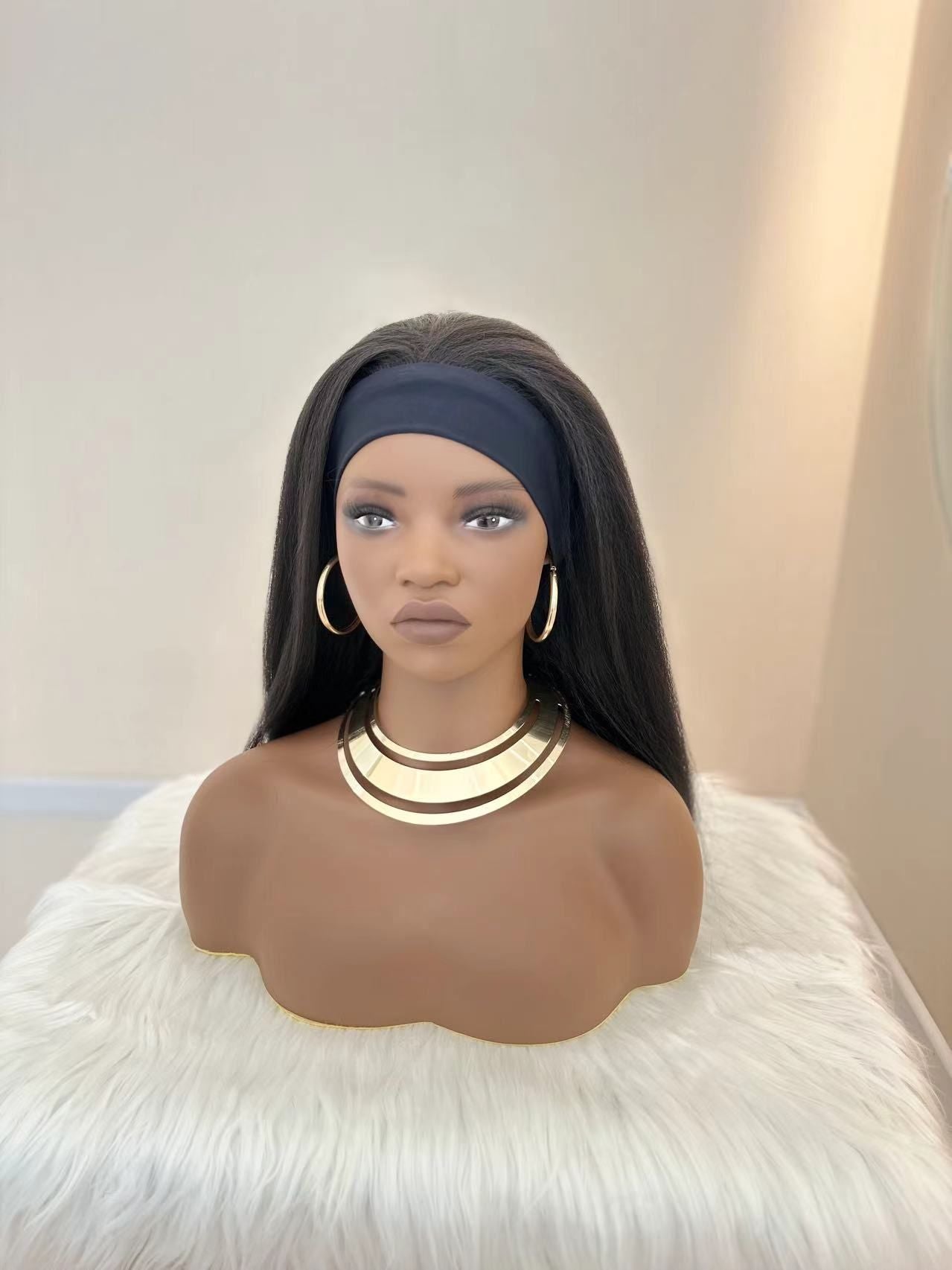 Synthetic Yaki Kinky Straight Wigs - 26 Inch 1B Black | Adjustable Headband & Natural Look(African Women, Protective Style, Quick Install, Realis,Birthday Gift)