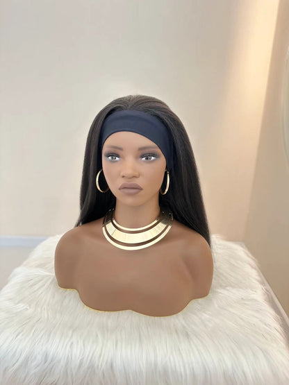 Synthetic Yaki Kinky Straight Wigs - 26 Inch 1B Black | Adjustable Headband & Natural Look(African Women, Protective Style, Quick Install, Realis,Birthday Gift)