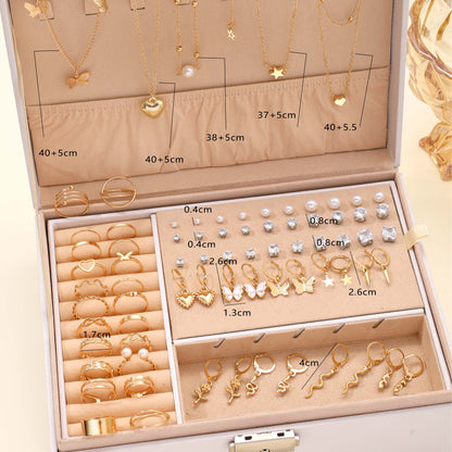 76PCS Luxury Jewelry Set Butterfly Necklace Set Butterfly Ring And Earring Set Diamond And Pearl Earnail Set Elegant Zircon Pendant Earring Ring Necklace Women's Daily Jewelry Gift For Friends