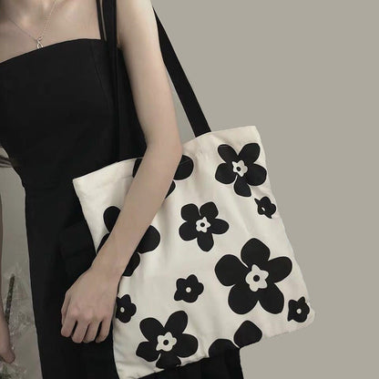 Korean Version of ins Canvas Bag Black and White Hyuna Flower Schoolgirl Fashion Versatile Shoulder Bag Shopping Bag