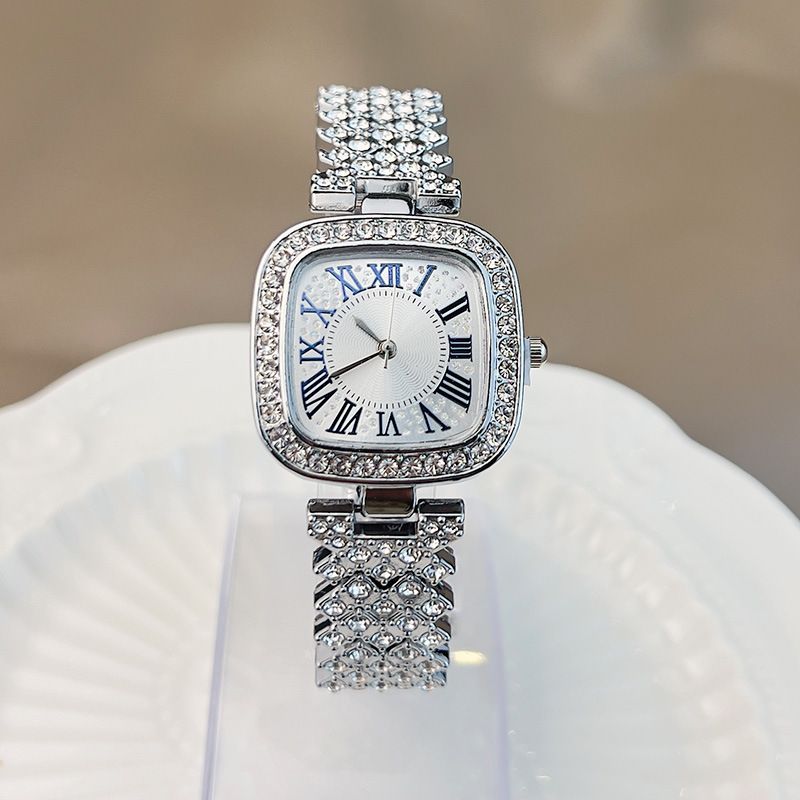 Ladies' quartz watch with starry sky and diamond inlay, ladies' small square watch with fashionable temperament, full diamond square bracelet, quartz women's watch