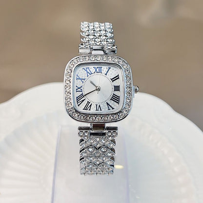 Ladies' quartz watch with starry sky and diamond inlay, ladies' small square watch with fashionable temperament, full diamond square bracelet, quartz women's watch