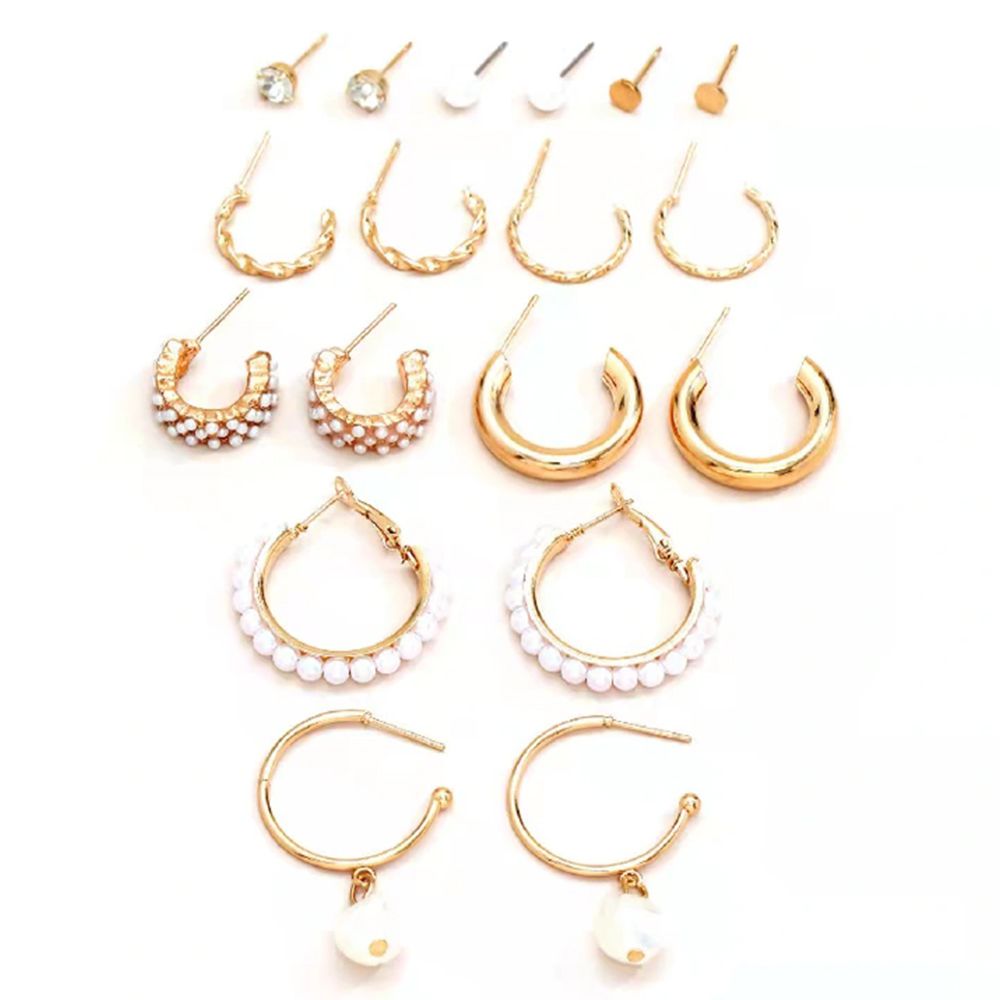9 pairs of earring set New inlaid imitation pearl earrings exaggerated personality creative French retro gold earrings set 9-piece women's fashion accessories jewelry