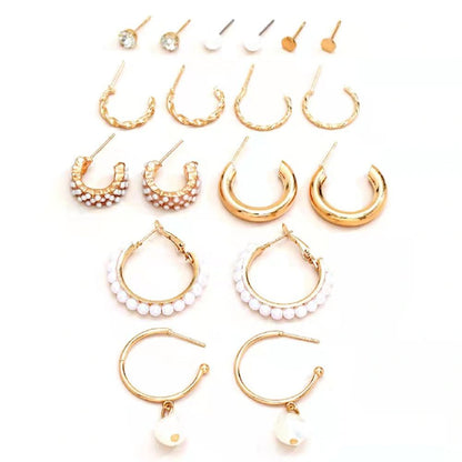 9 pairs of earring set New inlaid imitation pearl earrings exaggerated personality creative French retro gold earrings set 9-piece women's fashion accessories jewelry