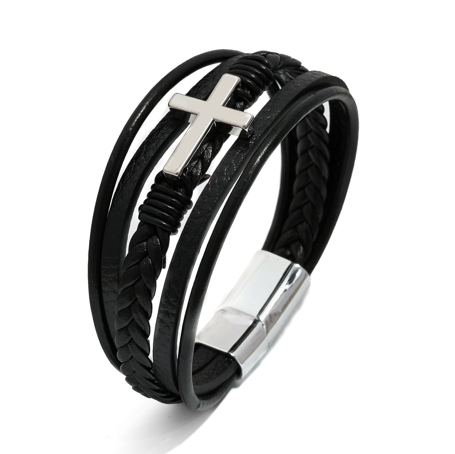 Cross leather bracelet for men multi-layer hand woven rope magnetic buckle genuine leather bracelet