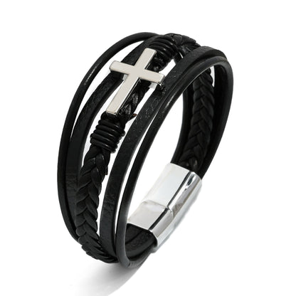 Cross leather bracelet for men multi-layer hand woven rope magnetic buckle genuine leather bracelet