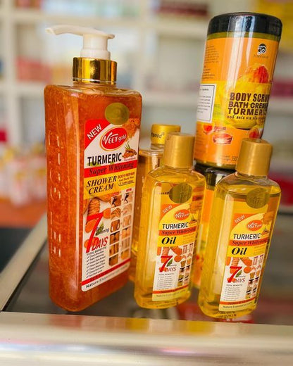 3 Pack Veet Gold Skin Care Set Oil + Scrub + Soap - Anti-aging Tumeric Super Whitening Body Cream-body Repair Remove Dead Skin Cell And Anti Darkspots Tender and Gentle Formula Body Cream