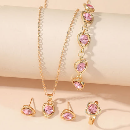 6PCS Ladies Watch Jewelry Set Watch Ring Necklace Earrings Bracelet Set Pink Crystal Waterproof Watch Set Wristwatch Ladies' Love Dial Quartz Watch Can Be Used As Romantic Gift Or Prop Shooting