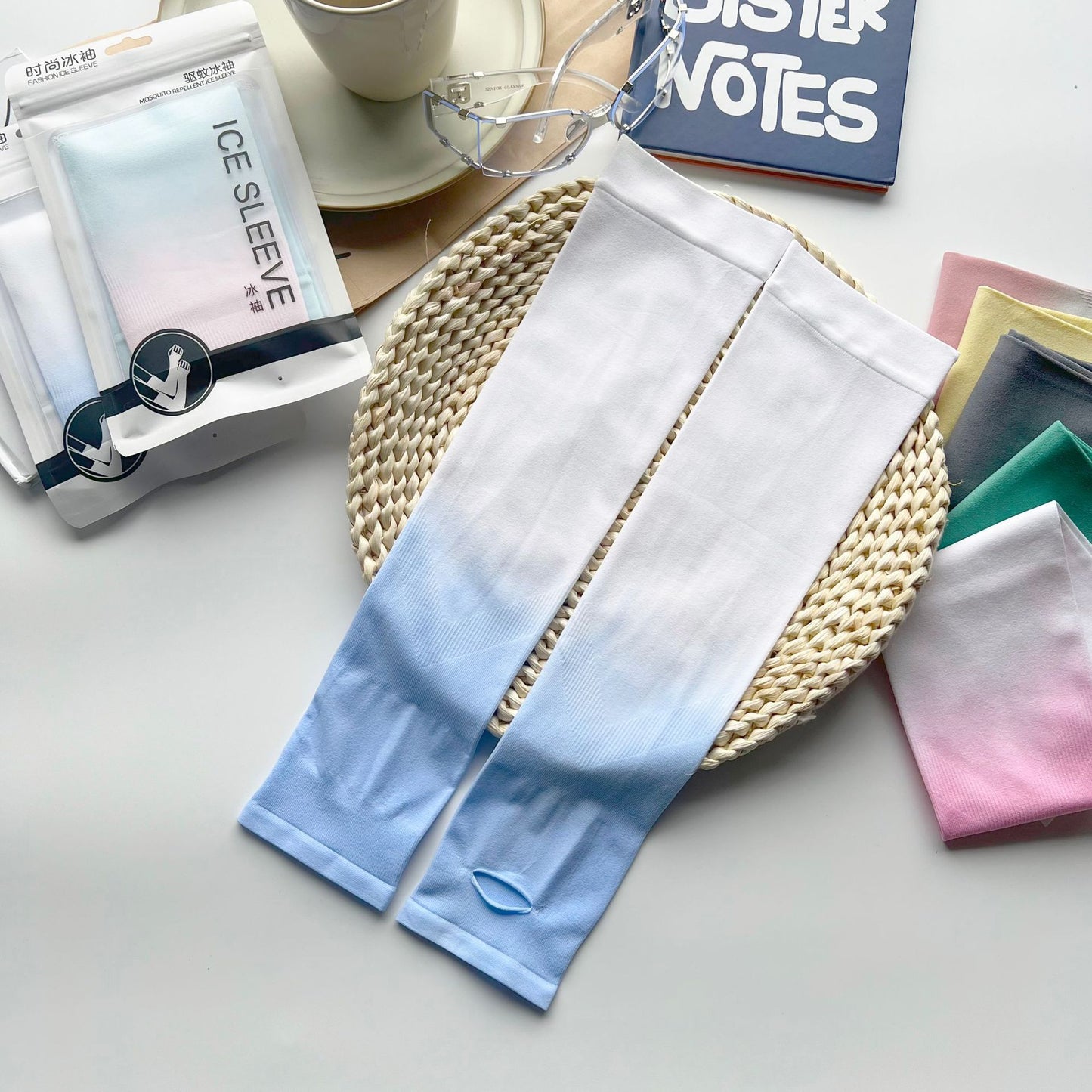 2 pairs Gradient Ice sleeves for summer sun protection, ice silk for UV protection, men's and women's fashion, outdoor driving and cycling sports Two pairs in one combination