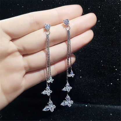 1-pair 925 silver electroplating earrings stu long tassel zircon three butterfly earrings fashion lady style