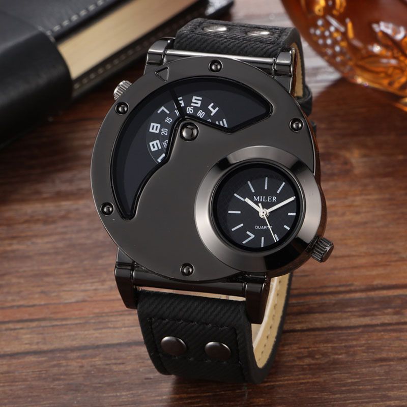 Men Minimalist Watch 2 Double Big Dial Time Zone Wristwatch Quartz Clock Leather Strap Male Sports Watch