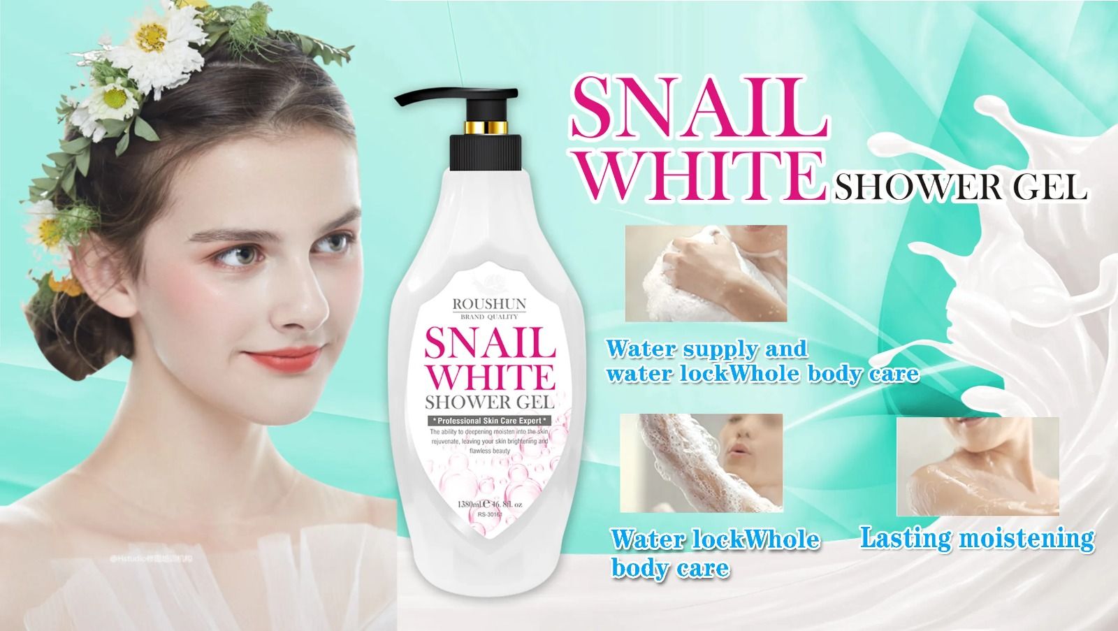 2 Packs Roushun Snail White Shower Gel -1380ml X 2 Body Fast Whitenng Shower Gel Deeply Cleanses Rich and Creamy blend Softer Skin After Wash Roushun Snail White Shower Gel 1380ml X 2