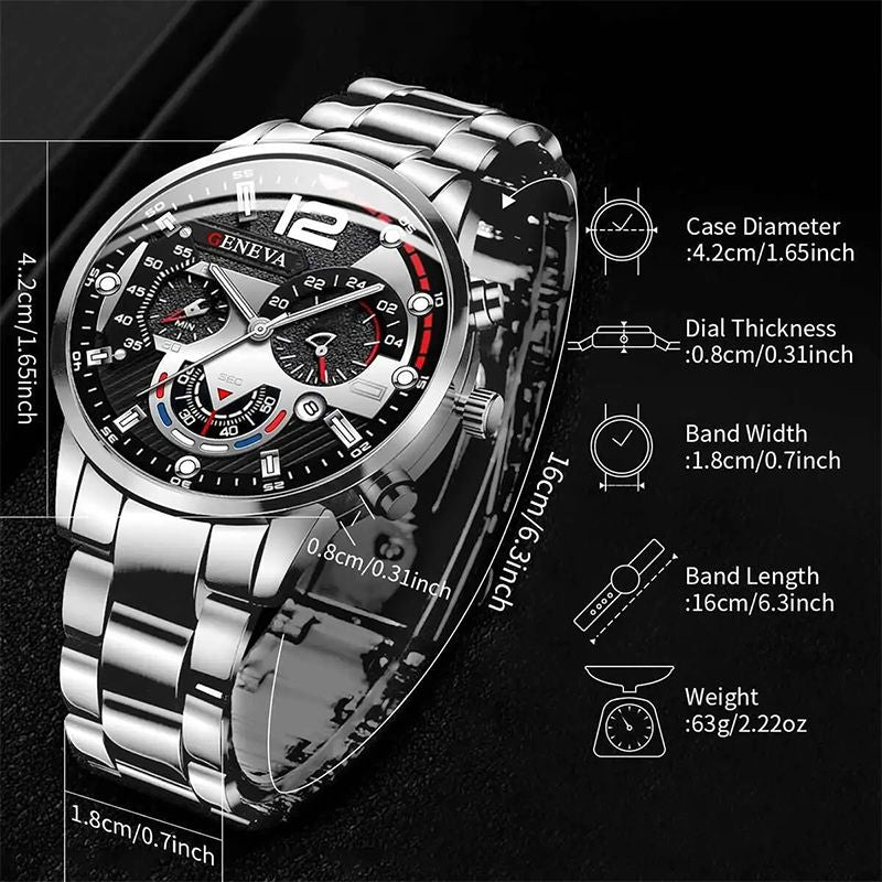 3PCS/Set Fashion Men Business Watches Casual Arabic Dial Analog Quartz Watch Bracelet necklace Jewelry Set