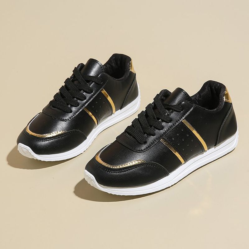 Size 38-42 women's PU artificial leather shoes students black shoes ladies running shoes girls board shoes athletic flat fashion casual sports shoes black golden