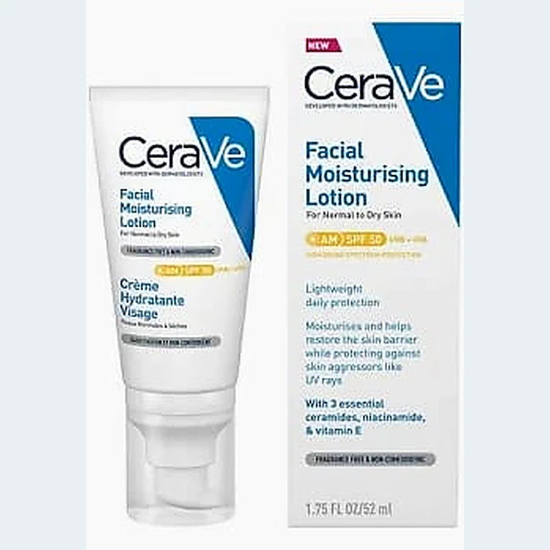CeraVe facial moisturizing lotion with packaging on a white background