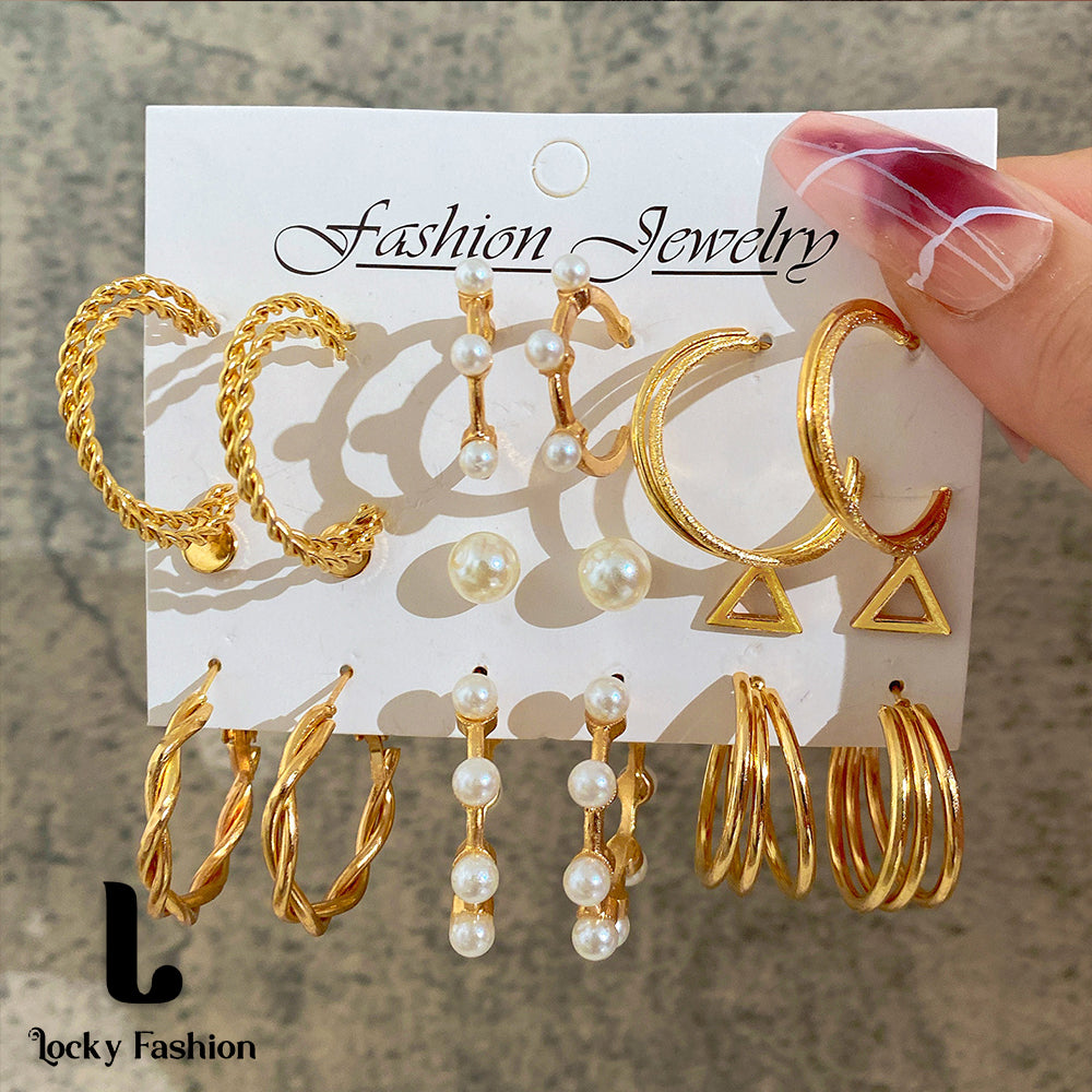 Elegant Jewelry 9 Pieces! Earrings Pearl c Shape Rhinestone Hoop Earrings Geometric Big Stud Earrings Set Girlfriend Gift Valentine Earrings Attractive Earrings