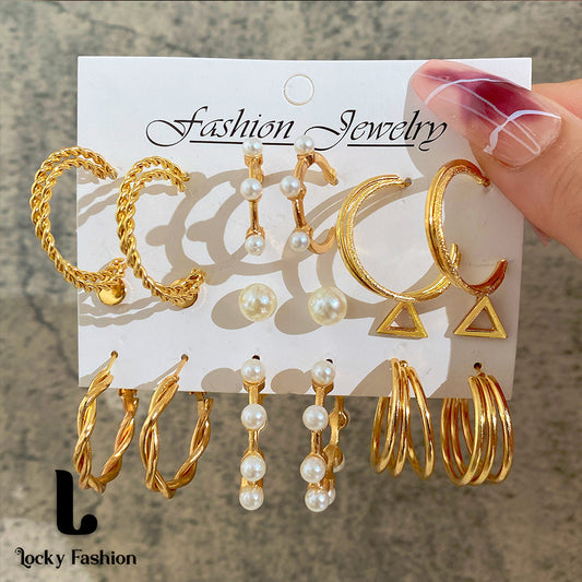 Elegant Jewelry 9 Pieces! Earrings Pearl c Shape Rhinestone Hoop Earrings Geometric Big Stud Earrings Set Girlfriend Gift Valentine Earrings Attractive Earrings