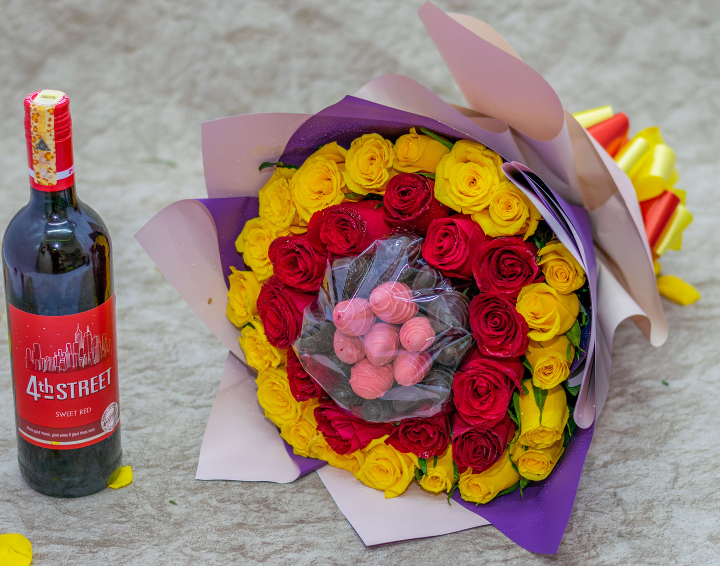 Chocolate Strawberries, Flower Bouquet and Wine