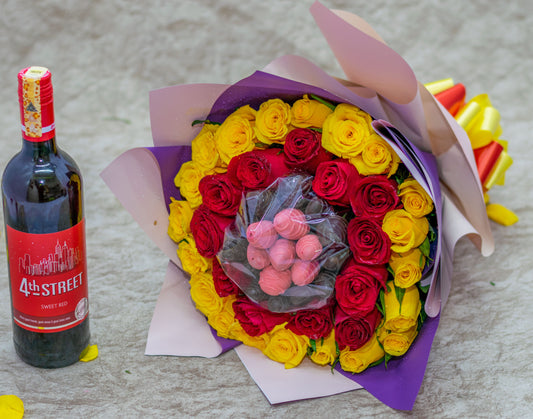 Chocolate Strawberries, Flower Bouquet and Wine