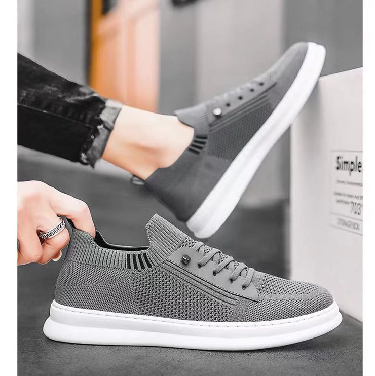 Men's mesh breathable fly woven shoes with soft soles fashionable and trendy casual shoes gray