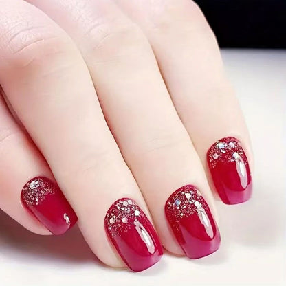 Short red nail art finished product, red finger root glitter nail art sheet, fake nail sticker nail art tool