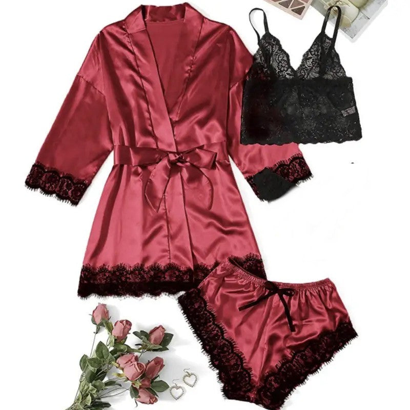 2024 Women's Pajamas Satin The Big Size Long Sleeve Womens Pajamas Lace Lingerie Nightwear Underwear Sleepwear 3PC Suit Pajama Sets Nightgown Underwear Nightdress Suit