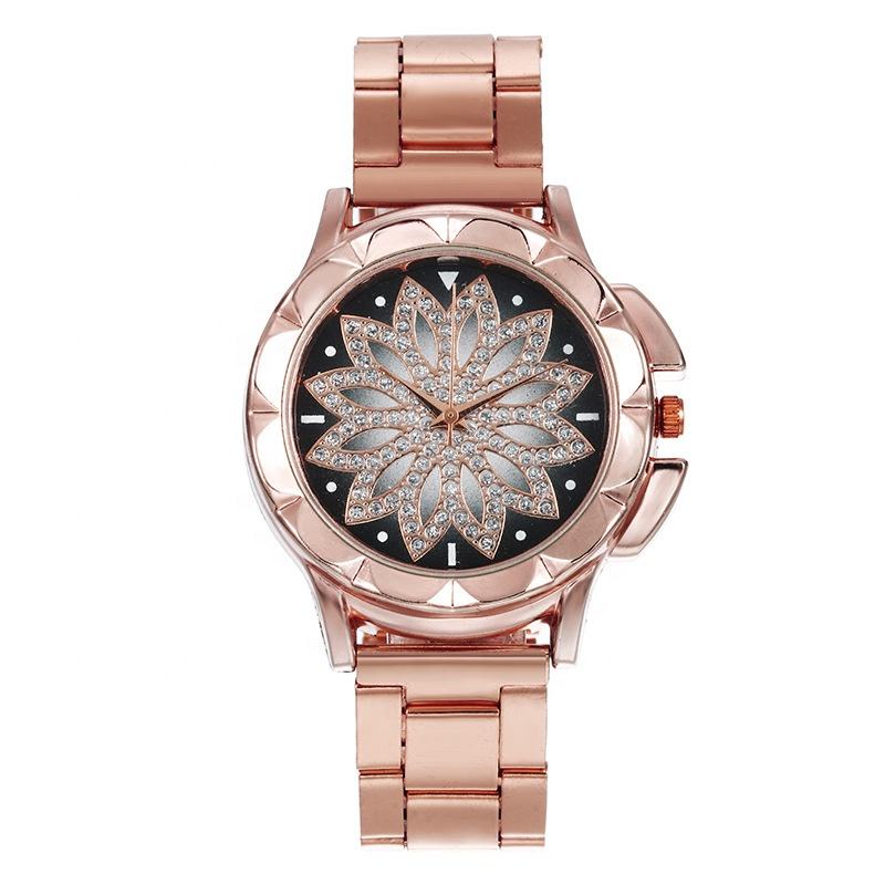 ZHJH Women's Watch Steel Strap Lotus Diamond Watch Luxury Business Watch Alloy Women's Watch Rose Gold Watch
