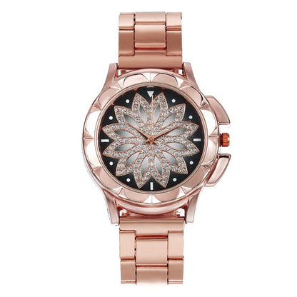 ZHJH Women's Watch Steel Strap Lotus Diamond Watch Luxury Business Watch Alloy Women's Watch Rose Gold Watch