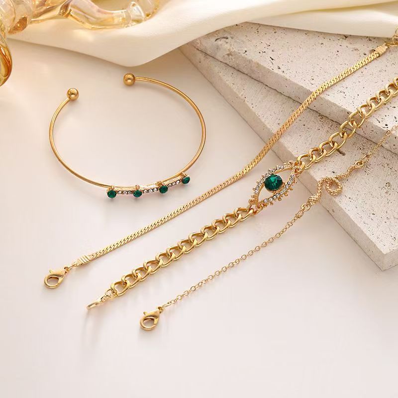 4PCS Bracelets For Women Retro Inlaid With Green Diamonds Bracelet Vintage Chain Link Adjustable Women Jewelry Set Jewelry Gift for Girls