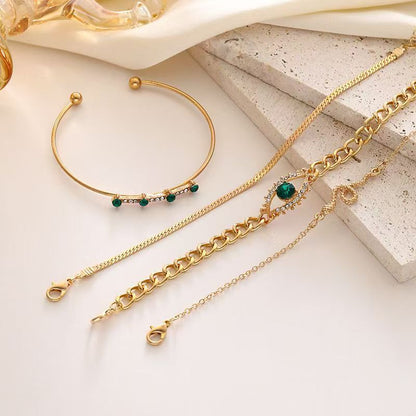 4PCS Bracelets For Women Retro Inlaid With Green Diamonds Bracelet Vintage Chain Link Adjustable Women Jewelry Set Jewelry Gift for Girls