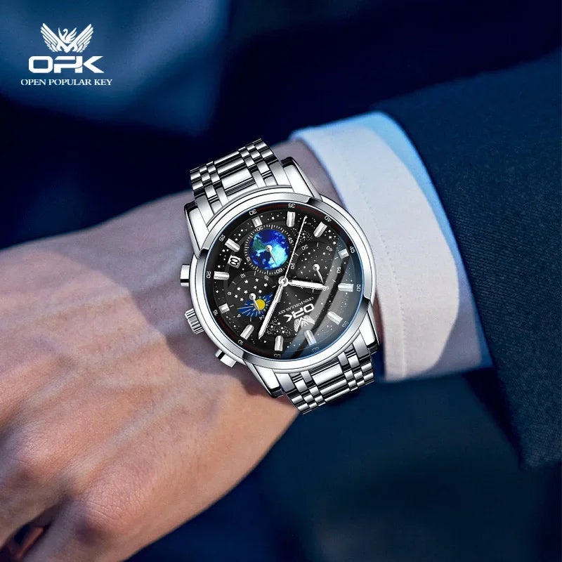 OPK Quartz Watches for Men Starry Sky Display Moon phase Multifunctional Stainless Steel Waterproof Luxury Mens Watch